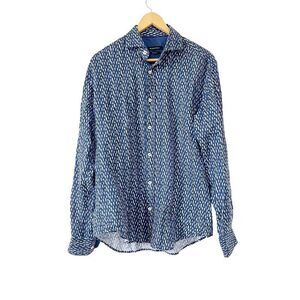Bugatchi Navy Surfboard Pattern Linen Long Sleeve Button Down Shirt‎
